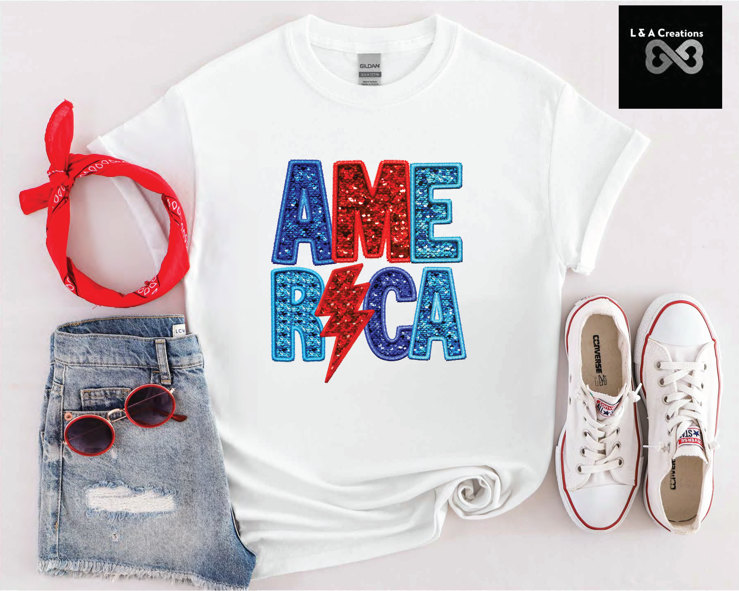 Short Sleeve Glitter "AMERICA"